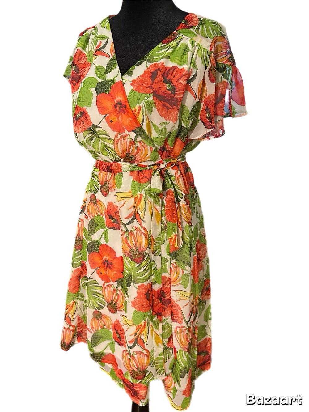 eva mendes for New York & Company Tropical Wrap Mini Dress in Orange and Green